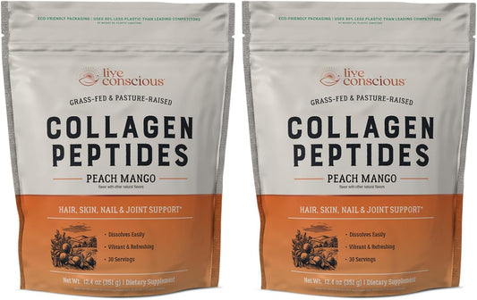 Live Conscious Collagen Peptides Powder - Peach Mango Flavored Collagen Powder - Hair, Skin, Nail, & Joint Support - Type I & III Grass-Fed Collagen Supplements for Women and Men (2-Pack)