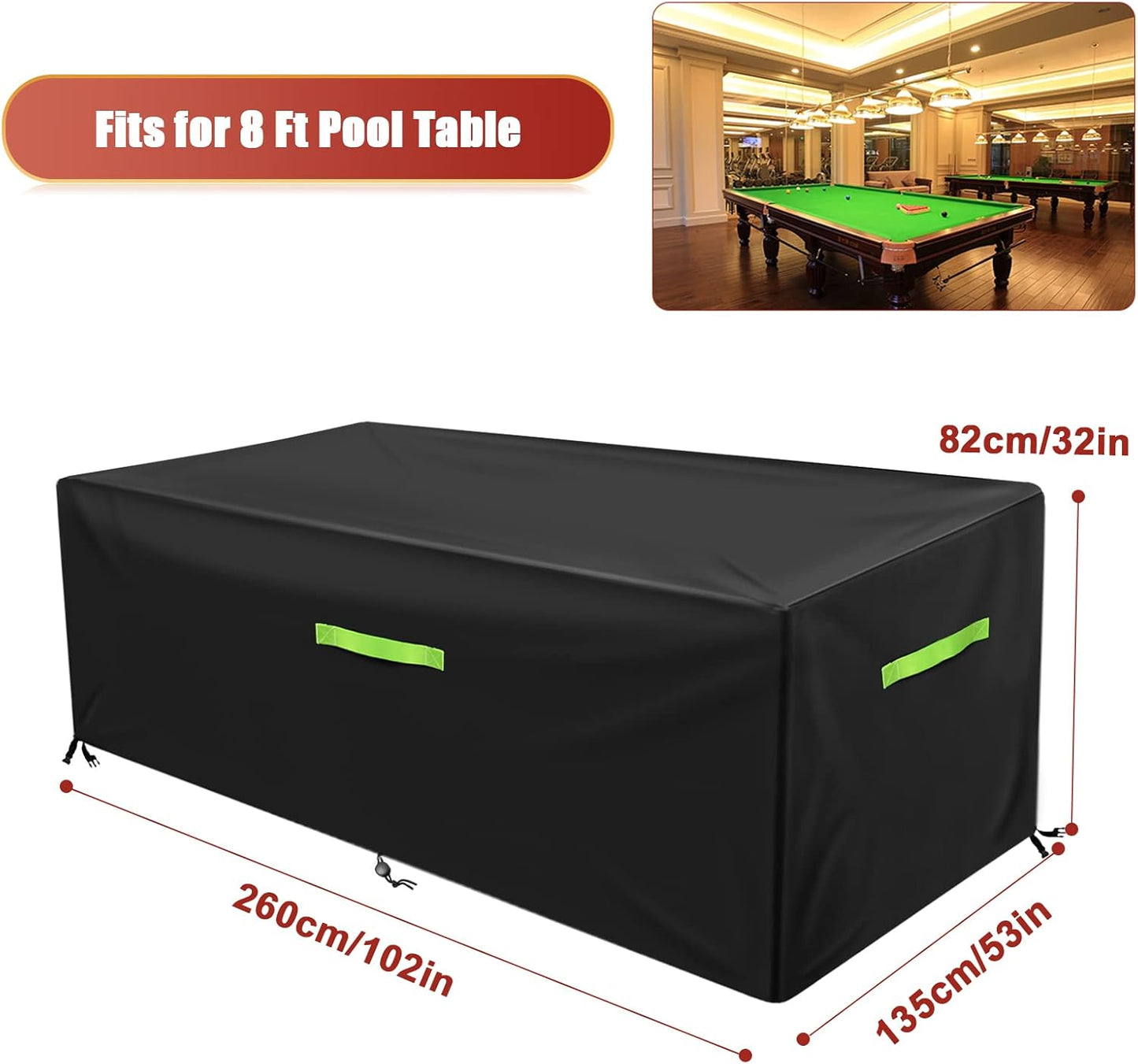 GEMITTO 7/8/9 ft Pool Table Cover, Waterproof Billiard Cover Polyester Fabric for Snooker Billiard Table (102x53x32in) Black