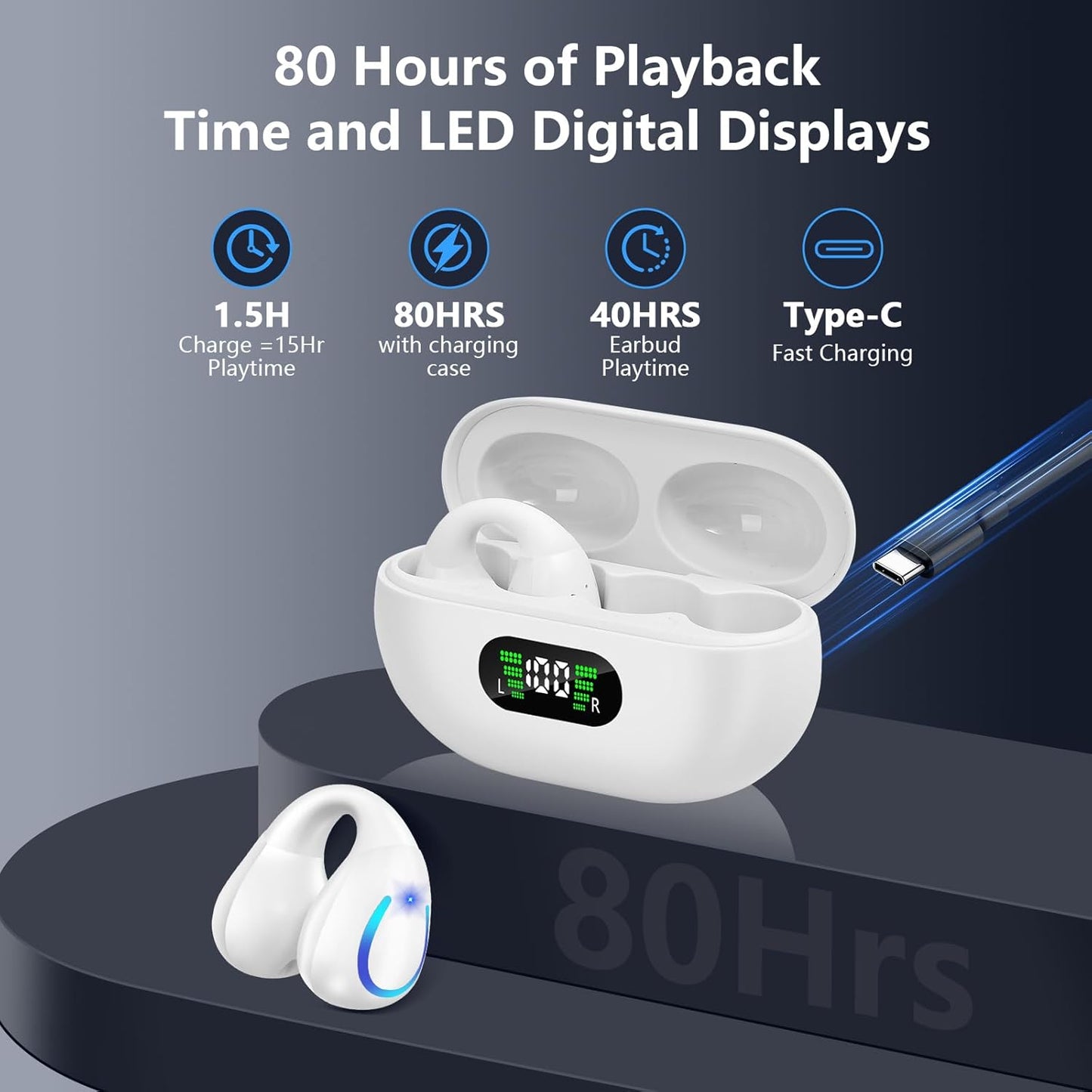 Open Ear Bone Conduction Headphones Bluetooth 5.3 Clip On Earbuds with Digital Display Charging Case 60 Hours Playtime Sport Earphones Built-in Mic IPX7 Waterproof for Running Fitness White