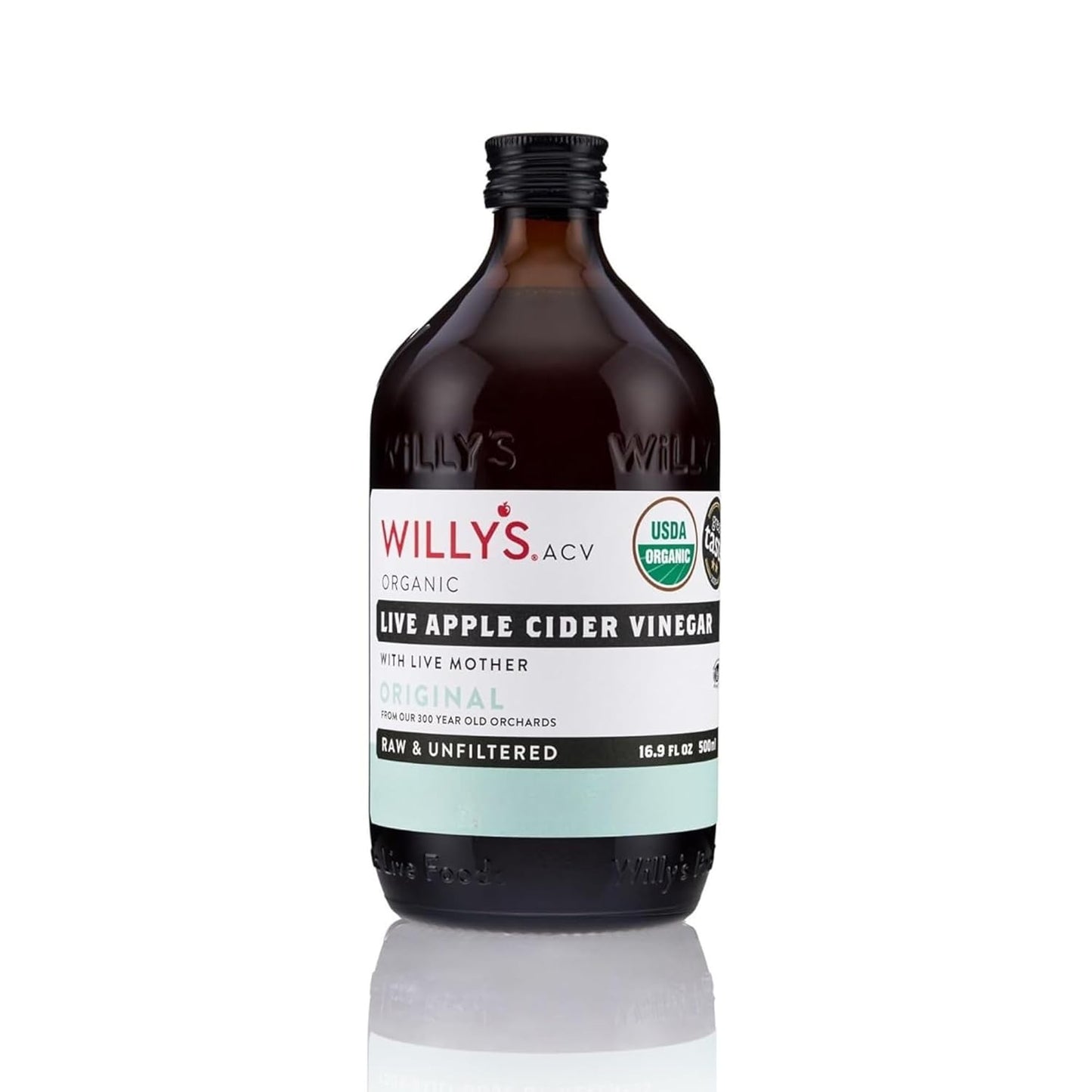 Willy's Organic ACV Apple Cider Vinegar with Mother - Probiotocs for Detox and Gut Health. 16.9oz Glass Bottle