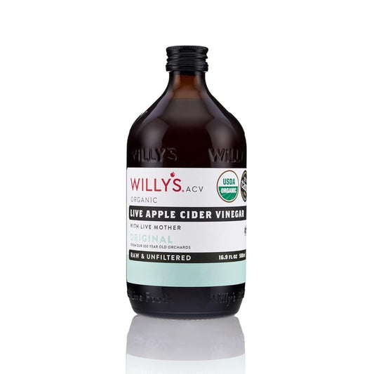 Willy's Organic ACV Apple Cider Vinegar with Mother - Probiotocs for Detox and Gut Health. 16.9oz Glass Bottle