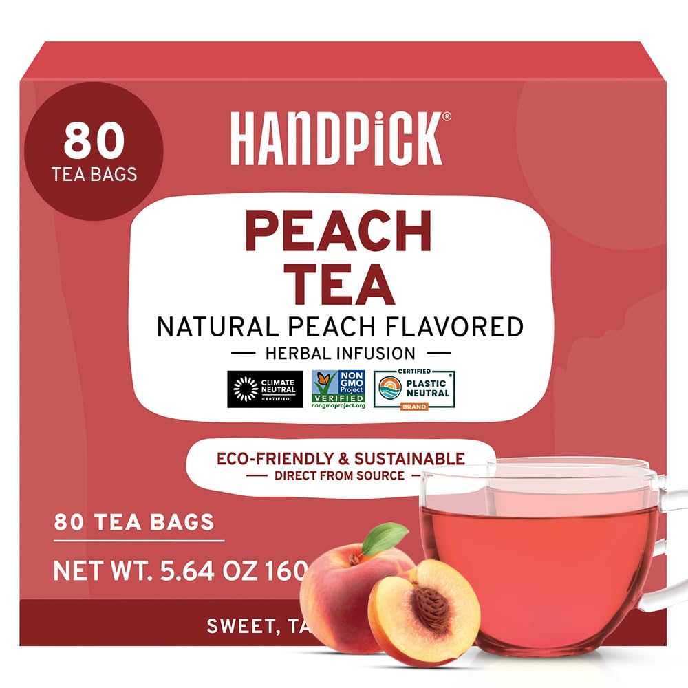 HANDPICK, Peach Tea Bags (80 Count) Non-GMO, Caffeine-Free - Peach, Hibiscus, Cinnamon, Cloves, Ginger | Floral & Refreshing Herbal Tea Bags, Brew Iced Tea or Hot Tea