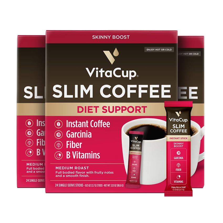 VitaCup Slim Instant Coffee Packets, with Garcinia, Fiber, B Vitamins, Skinny Coffee, Bold & Smooth, Medium Dark Roast, 100% Arabica Coffee in Single Serve Sticks, 72 Ct