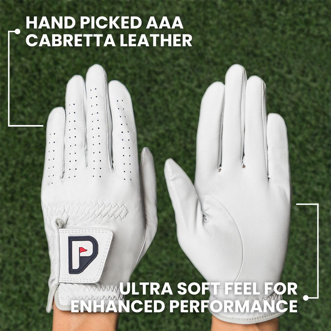 PUR3 3 Pack Golf Gloves Men Right Handed & Left Handed Golfer | Premium Cabretta Leather - Super Soft Feel - Men's Golf Glove with Ball Marker