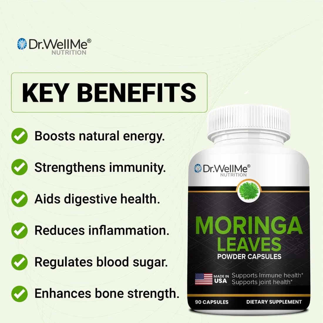 Dr.WellMe - Moringa Leaves Powder 90 Capsules – Natural Immune Health Support, Boosts Energy & Vitality, Joint Health, Improves Digestion, Rich in Antioxidants & Reduces Inflammation
