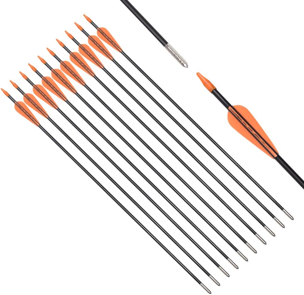 6875 Fiberglass Arrows Archery 24/26/28/30 Inch Target Shooting Safetyglass Recurve Bows Suitable for Youth Children Woman Beginner 6 or 12pcs/Pack (tigerspot Orange Vanes)
