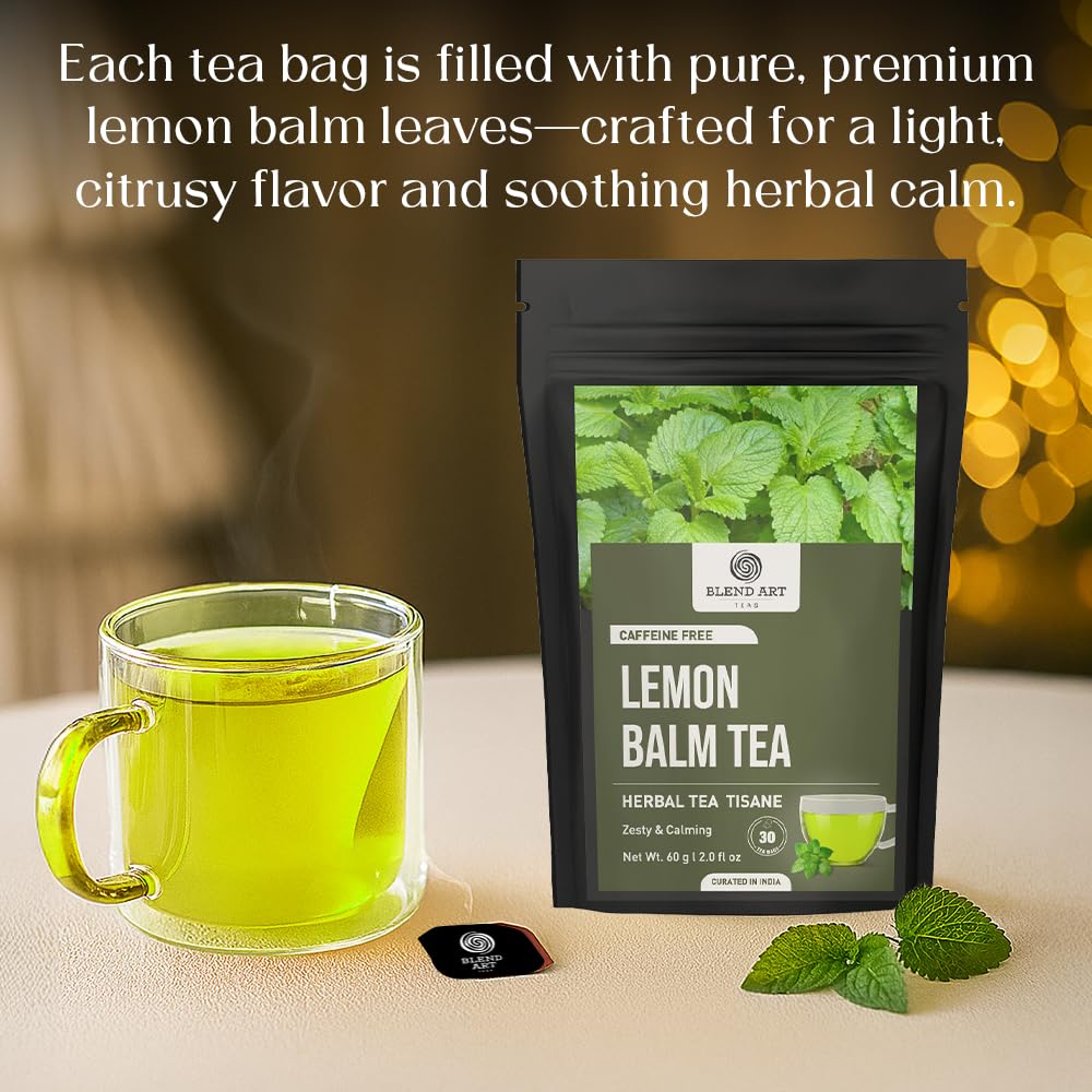 BlendArt Teas - Lemon Balm Herbal Tea - 30 Count - Pyramid Tea Bag | Relive Stres- Lemon Balm Herbal Tea | Reduces Bloating | Refreshing Flavour - Leaf Based - Caffeine Free | Ziplock Pouch