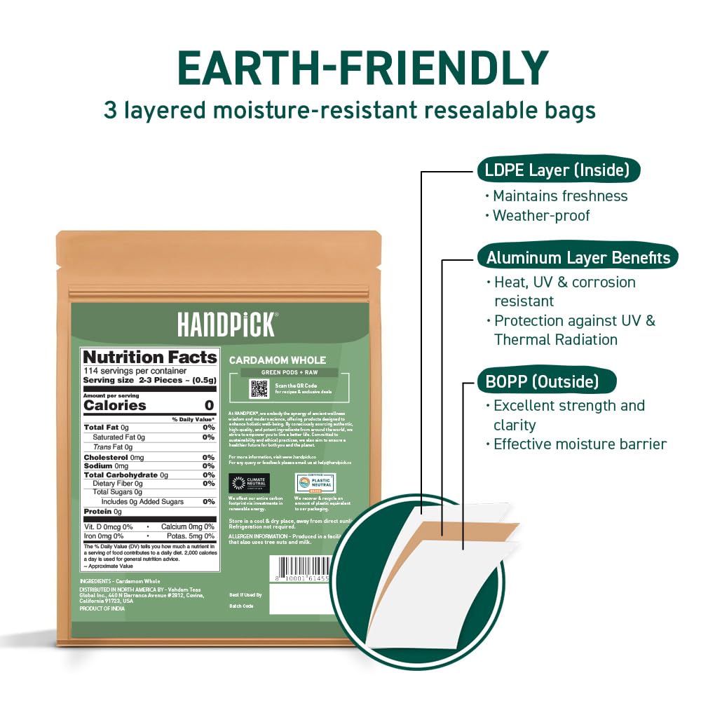 HANDPICK Green Cardamom Pods (57g / 2oz) Large size Green Elaichi | Pure, Non-GMO, Gluten Free | 100% Raw from India | Resealable Zip Lock Pouch