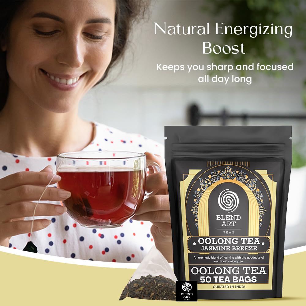 Blendart Jasmine Oolong Tea bags 50 Count | Oolong tea bags for weight loss | Premium High Mountain Oolong Tea leaves | Naturally Caffeinated Tea | Flower Scented Tea | Pyramid Tea bags
