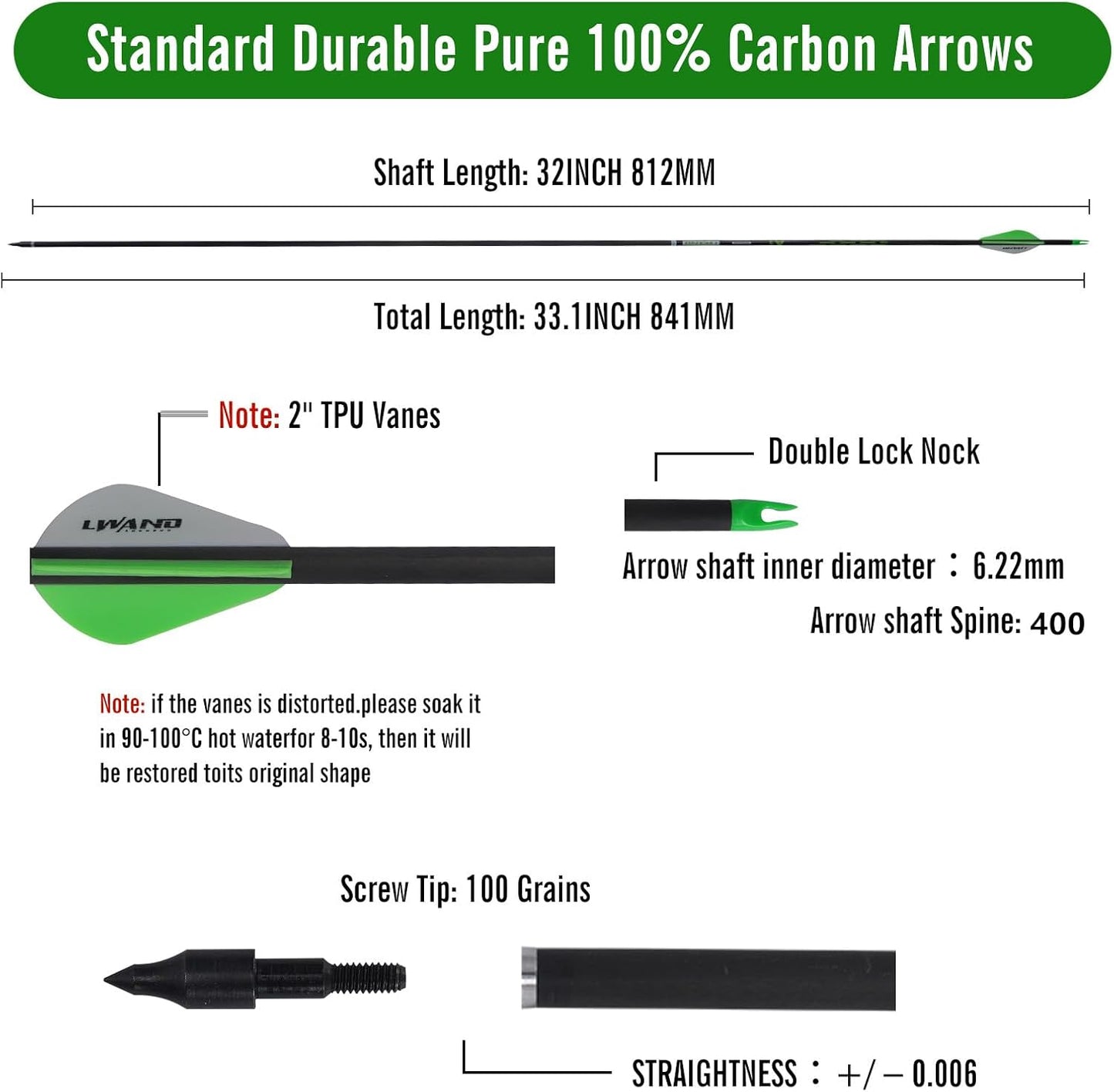 LWANO 32" Carbon Arrows Archery Target Practice Hunting Arrows with Shaft Spine 400 with Removable Tips for Compound & Recurve Bow (Pack of 12)