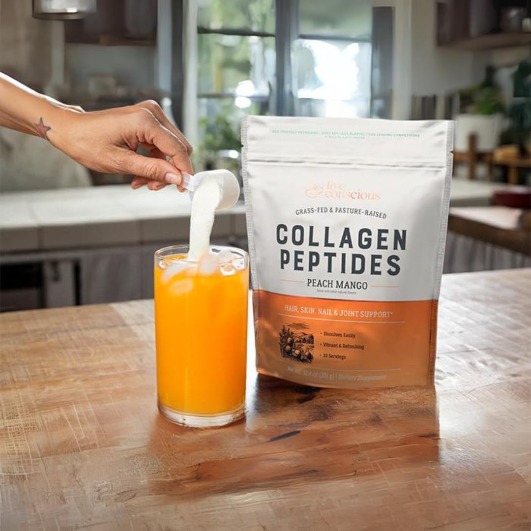 Live Conscious Collagen Peptides Powder - Peach Mango Flavored Collagen Powder - Hair, Skin, Nail, & Joint Support - Type I & III Grass-Fed Collagen Supplements for Women and Men (2-Pack)