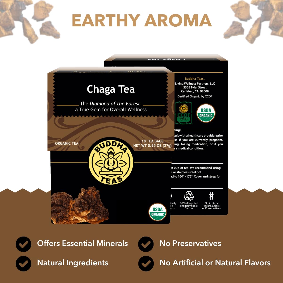 Buddha Teas - Chaga Tea - Organic Herbal Tea - For Cognitive Balance & Overall Health - With Chaga Mushroom, Antioxidants & B Vitamins - Caffeine Free - OU Kosher - 18 Tea Bags (Pack of 1)