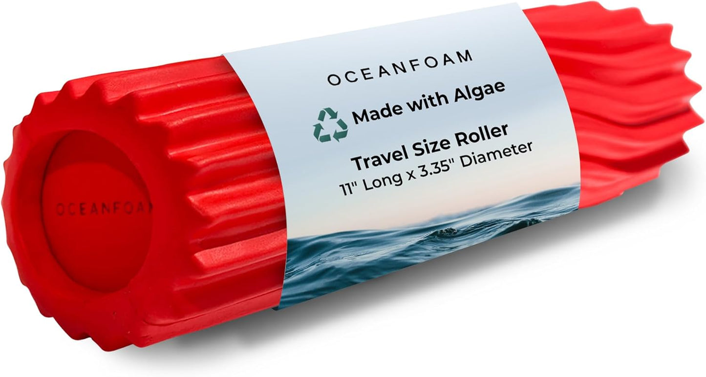 Oceanfoam Ripple Travel Foam Roller (11" x 3.35") Firm Mini Foam Roller for Physical Therapy, Deep Tissue Massage, Back Pain - High Density, Ergonomic Wave Textured - Yoga, Pilates, Exercise (Red)