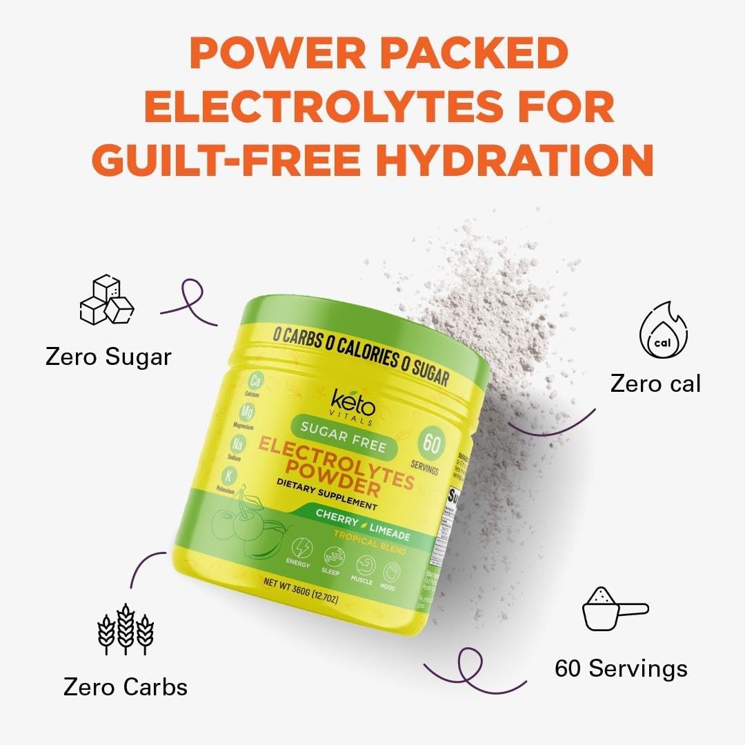 Keto Vitals Electrolytes Powder | Keto-Friendly Electrolytes with Potassium, Magnesium, Sodium, Calcium | Keto Electrolytes Supplement Energy Drink Mix | Sugar-Free, Zero Calories, Zero Carbs