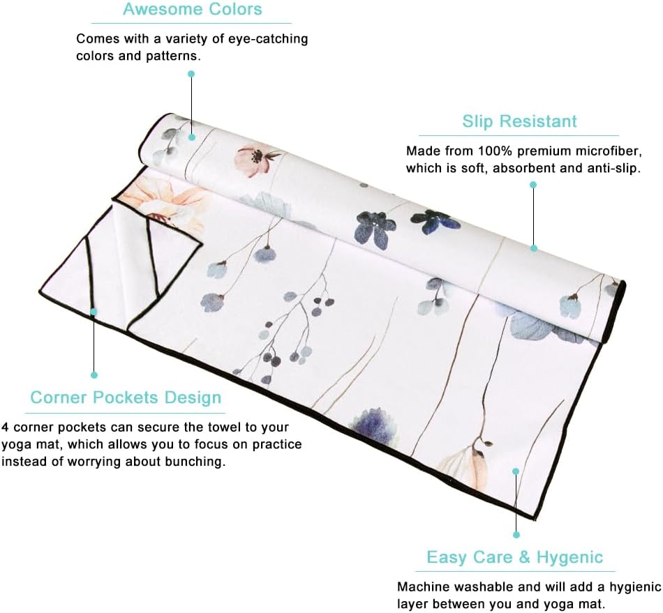 QiyI Floral Yoga Mat Towel with Corner Pockets, Non Slip Sweat Absorbent Hot Yoga Towels, Soft Yoga Blankets with Travel Bag, Mat Cover for Workout, Gym, Fitness - 74"x26", Watercolor Flowers