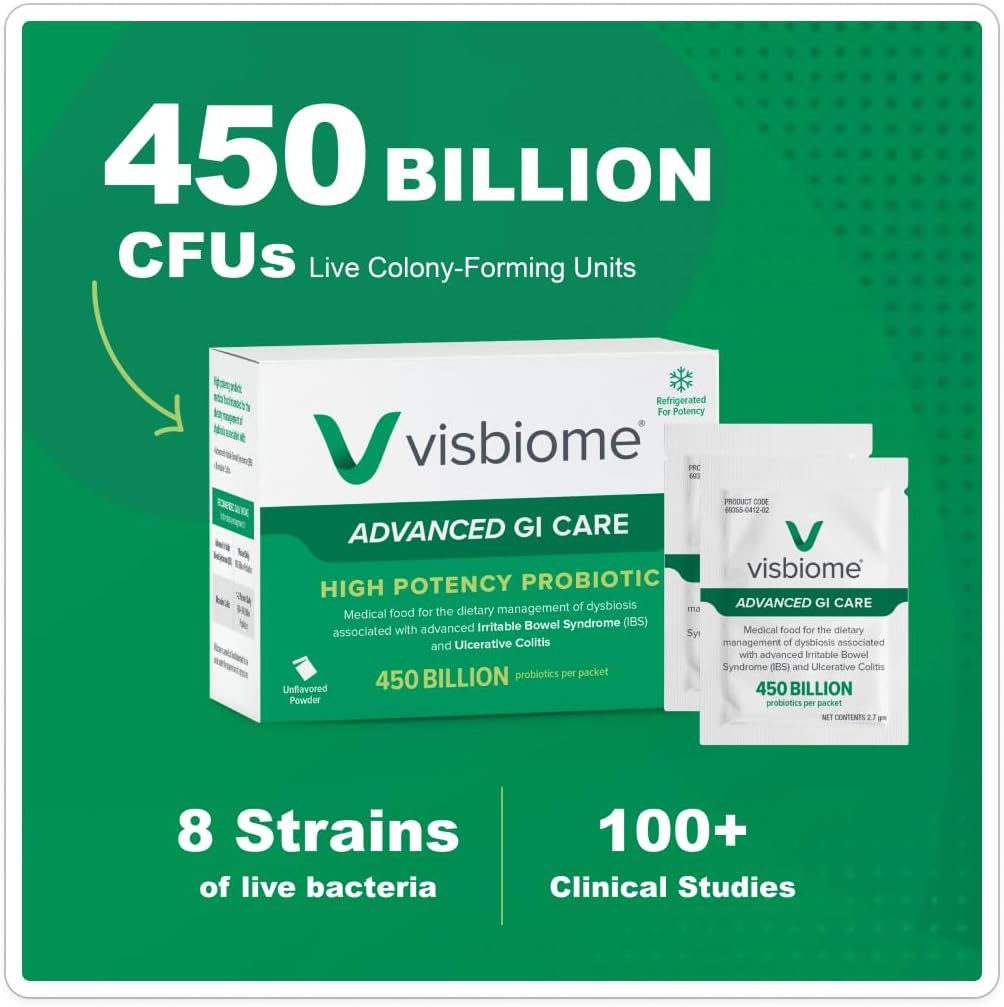 Visbiome® Advanced GI Care - High Potency Probiotic 450 Billion Strength - 30 Packets Unflavored Powder - Original De Simone Formulation - Shipped Cold in Recyclable Cooler with Temperature Monitor.