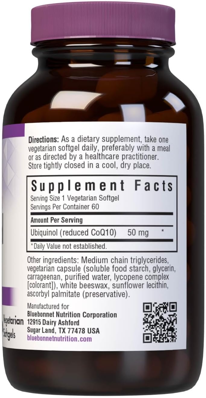 Bluebonnet Nutrition Cellular Active CoQ10 Ubiquinol 50 mg Vegetarian Softgels, Heart Health & Cellular Health, Ubiquinol from Kaneka, Non GMO, Gluten Free, Soy Free, Milk Free, 60 Vegetarian Softgels