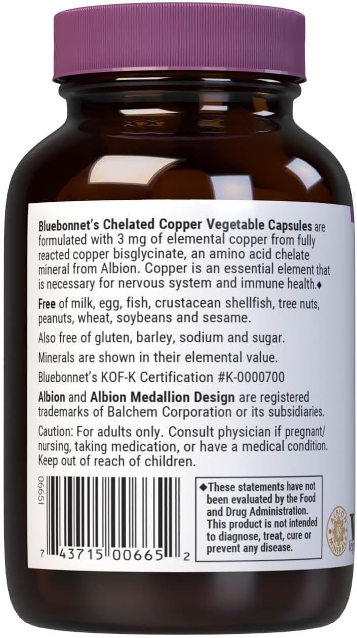 Bluebonnet Nutrition Albion Chelated Copper, 3 mg of Copper, For Nervous System & Immune Health*, Soy-Free, Gluten-Free, Non-GMO, Kosher Certified, Dairy-Free, Vegan, 90 Vegetable Capsule, 90 Servings