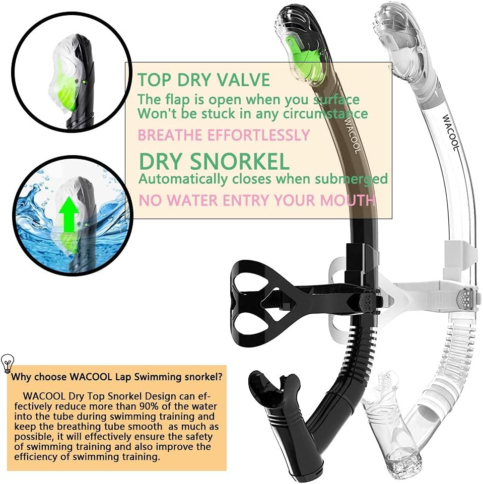 WACOOL Training Headstrap Support Dry Top Snorkel Tube Comfortable Mouthpiece One-Way Purge Valve for Pool Open Water Scuba Lap Swimming Swimmer Diving Snorkeling