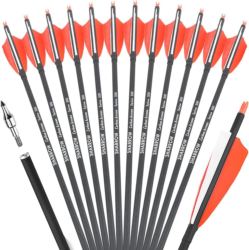 ZSHJGJR 30 Inch Archery Carbon Arrows Hunting Arrows with 4” Turkey Feather Target Practice Arrows Spine 500 for Compound & Recurve &Traditional Bow 6/12pcs