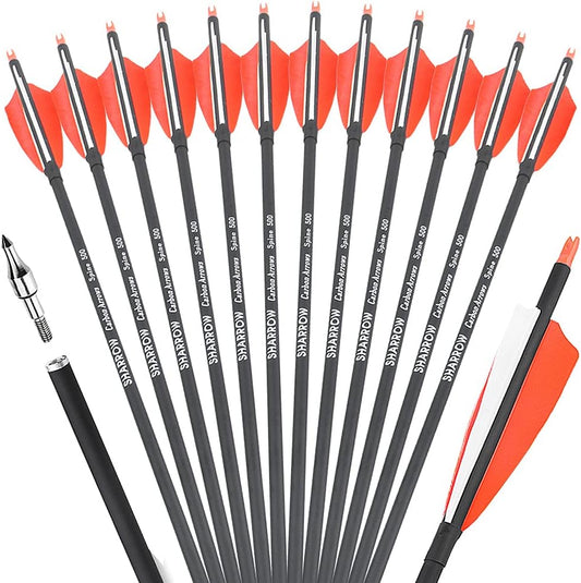 ZSHJGJR 30 Inch Archery Carbon Arrows Hunting Arrows with 4” Turkey Feather Target Practice Arrows Spine 500 for Compound & Recurve &Traditional Bow 6/12pcs