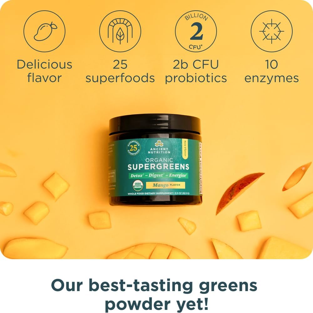 Ancient Nutrition SuperGreens Powder with Probiotics, Organic Mango Flavor Greens, Made from Real Fruits, Vegetables and Herbs, Digestive and Energy Support, 12 Servings, 3.3oz