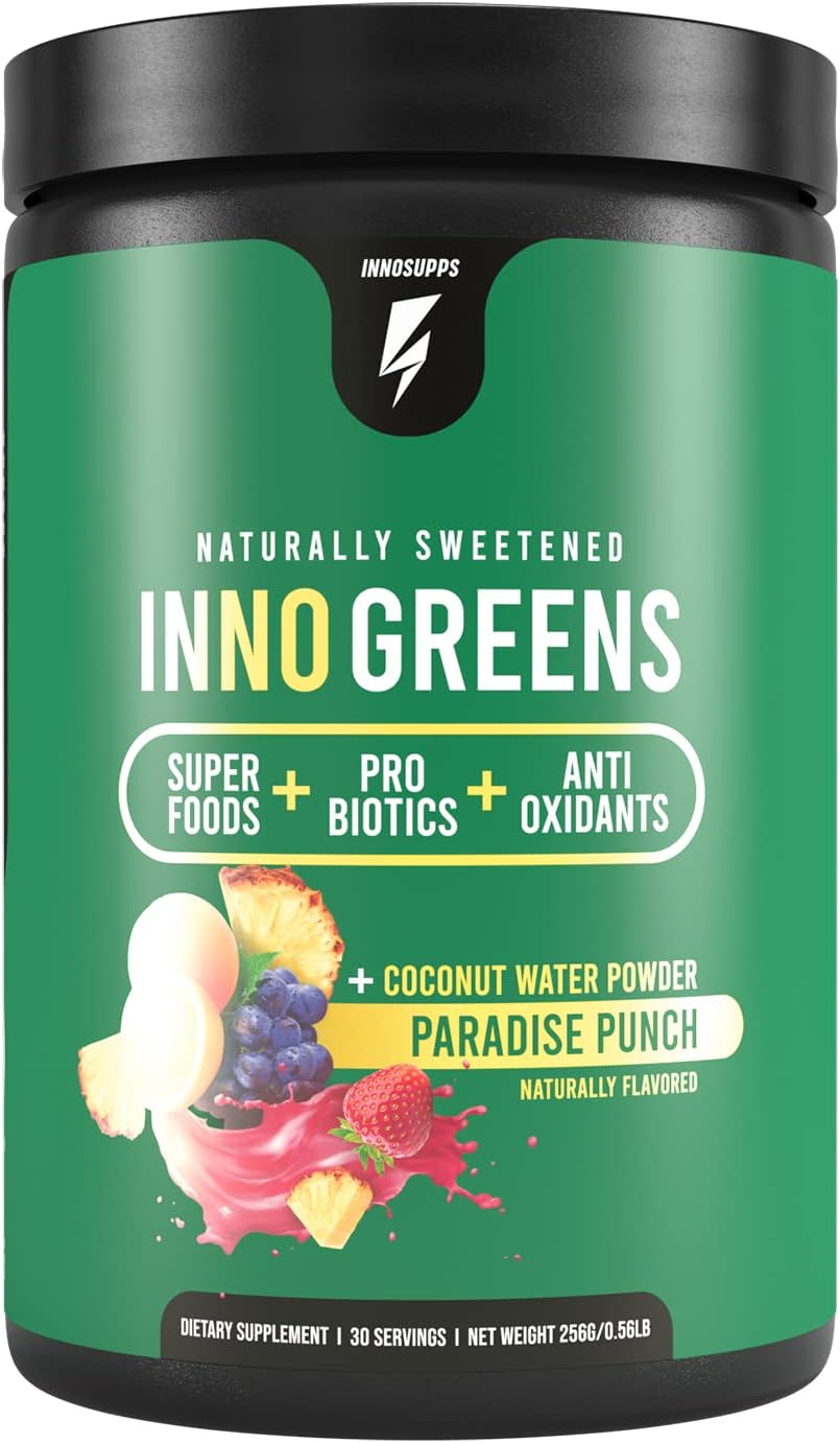 Inno Greens | 28+ Organic Greens & Superfoods | Advanced Prebiotics + Probiotics | Super Antioxidant + Hydration | Spirulina, Chlorella, Ashwagandha | Natural, Non-GMO | 30 Servings (Paradise Punch)
