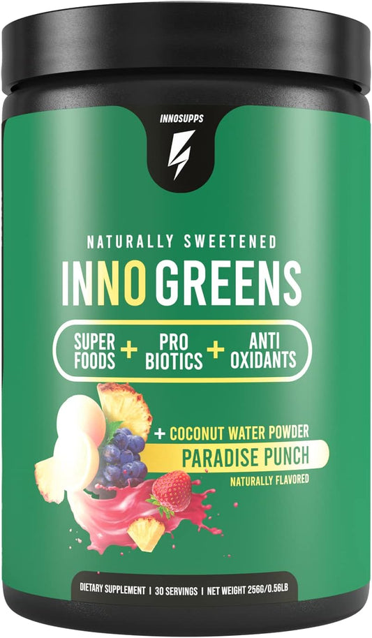 Inno Greens | 28+ Organic Greens & Superfoods | Advanced Prebiotics + Probiotics | Super Antioxidant + Hydration | Spirulina, Chlorella, Ashwagandha | Natural, Non-GMO | 30 Servings (Paradise Punch)