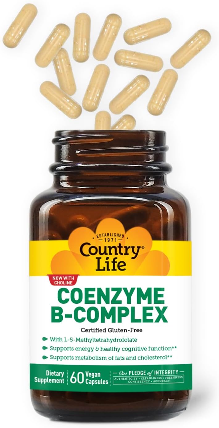 Country Life Coenzyme B-Complex, 60 Capsules – Supports Energy & Metabolism, Mood & Cognitive Function – Vegan, Gluten-Free, Bioavailable B Vitamins with Choline