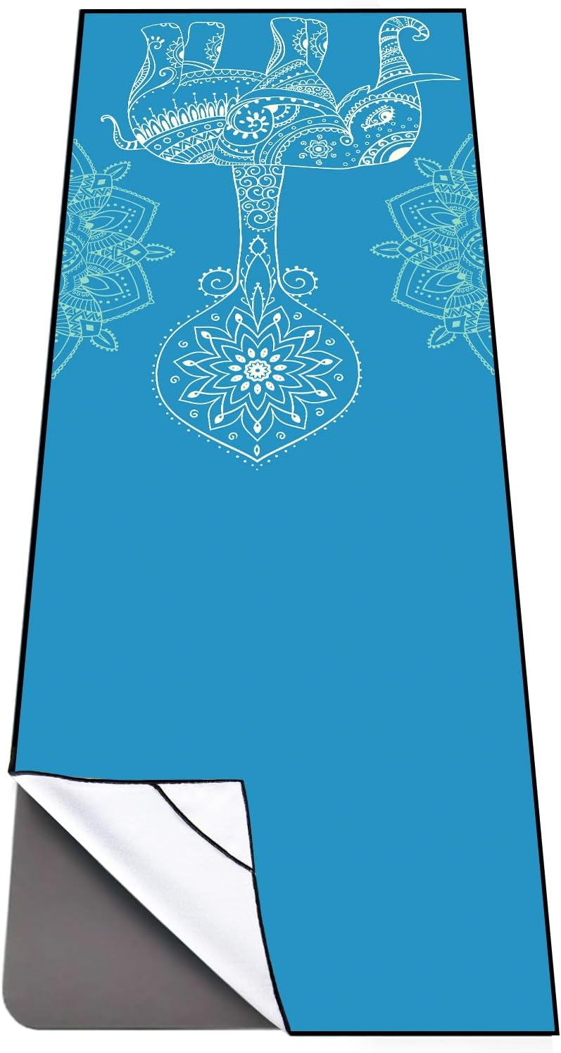 QiyI Yoga Mat Towel with Corner Pockets, Non Slip Sweat Absorbent Hot Yoga Towels, Soft Yoga Blankets with Travel Bag, Skidless Mat Cover for Workout, Gym, Fitness - 70"x26", Blue Mandala Elephant