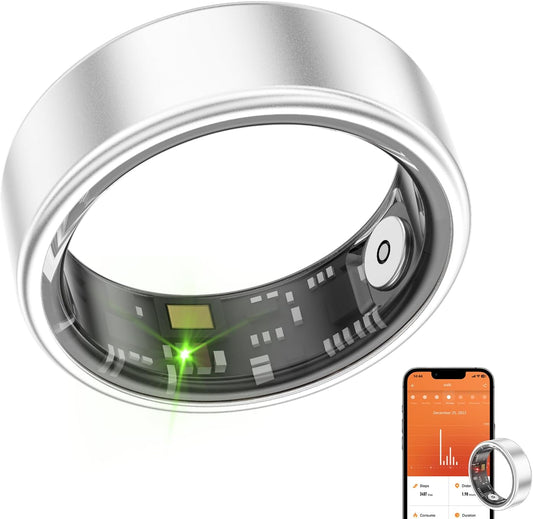 Smart Ring Health Fitness Tracker, Size First with Sizing Kit, Activity & Sleep Tracker/Stress/Heart Rate Monitor, Waterproof Smart Ring for Men/Women, No App Subscription (Silvery, 12)