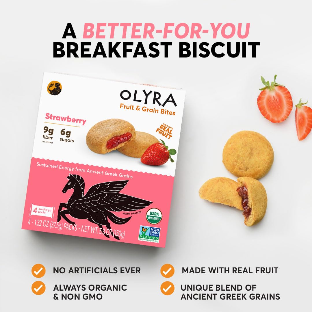Olyra Strawberry Organic Fruit Bars, Prebiotic High Fiber Snack, Gut Health, Fruit Filled & Whole Grain Bites, Kids Healthy Snacks, Low Sugar, Vegan, USDA Certified Organic, Non GMO (Pack of 24)