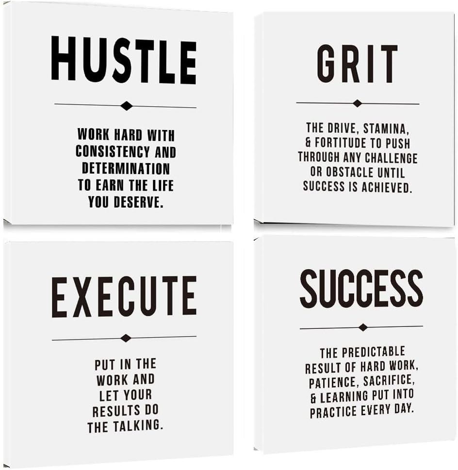Motivational Grit Success Execute Hustle White Quotes Canvas Wall Art -Inspirational Wall Art Poster Canvas Artwork Picture Print Framed for Home Bedroom-16 x16in x4pcs