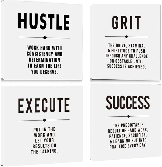 Motivational Grit Success Execute Hustle White Quotes Canvas Wall Art -Inspirational Wall Art Poster Canvas Artwork Picture Print Framed for Home Bedroom-12 x12 x4pcs