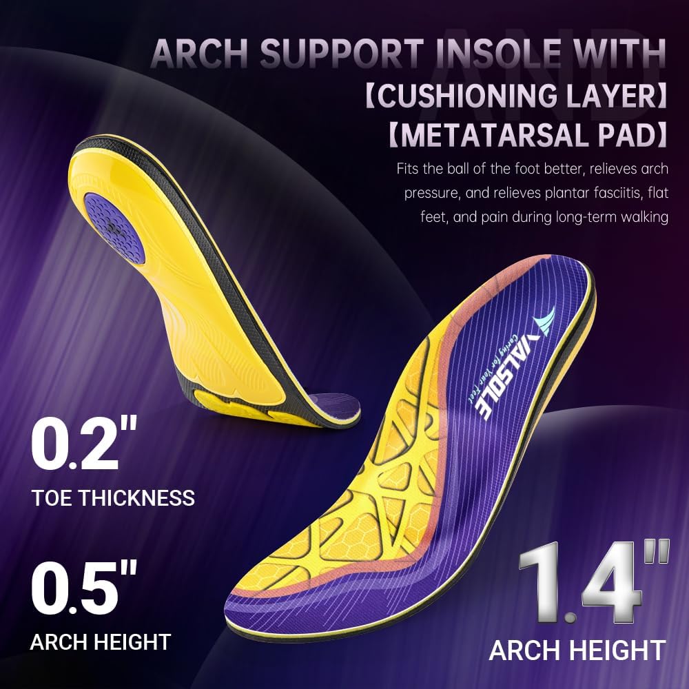 VALSOLE Heavy Duty Support Pain Relief Orthotics - 220+ lbs Plantar Fasciitis High Arch Support Insoles for Men Women, Flat Feet Orthotic Insert, Work Boot Shoe Insole, Absorb Shock with Every Step