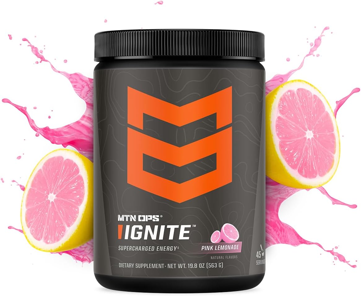 MTN OPS Ignite Energy Drink Powder, Gluten Free Nootropic Supplement Drink Mix, L Arginine, L Citrulline, Caffeine & Nootropic Sugar Free Drink Mix, 45 Servings, Pink Lemonade