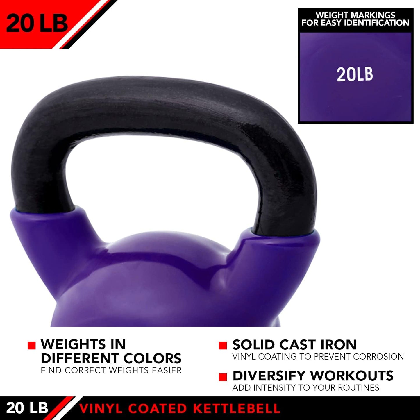 JFIT Kettlebell Weights Vinyl Coated Iron - 12 Size Options, 5lbs-50lbs - Coated for Floor and Equipment Protection, Noise Reduction, Ballistic, Core, Weight Training
