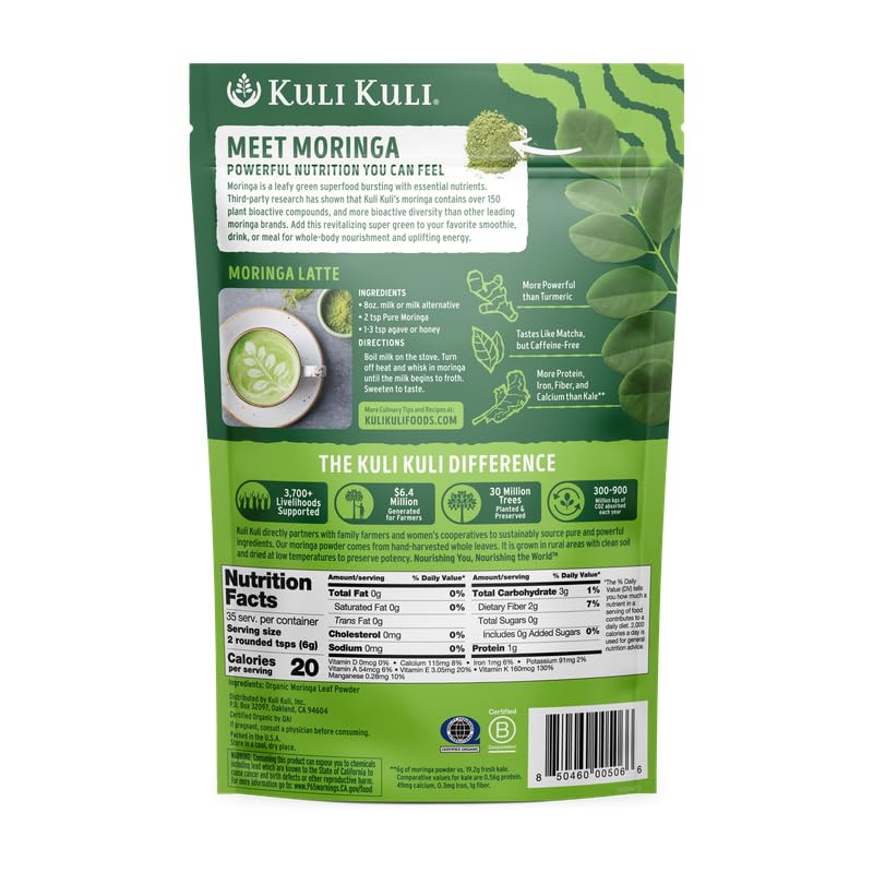 Kuli Kuli Moringa Oleifera Organic Leaf Powder & Green Smoothie, 100% Pure USDA Certified & Non-GMO Moringa Powder, Great with Smoothies, Tea, and Food, 2 Pack