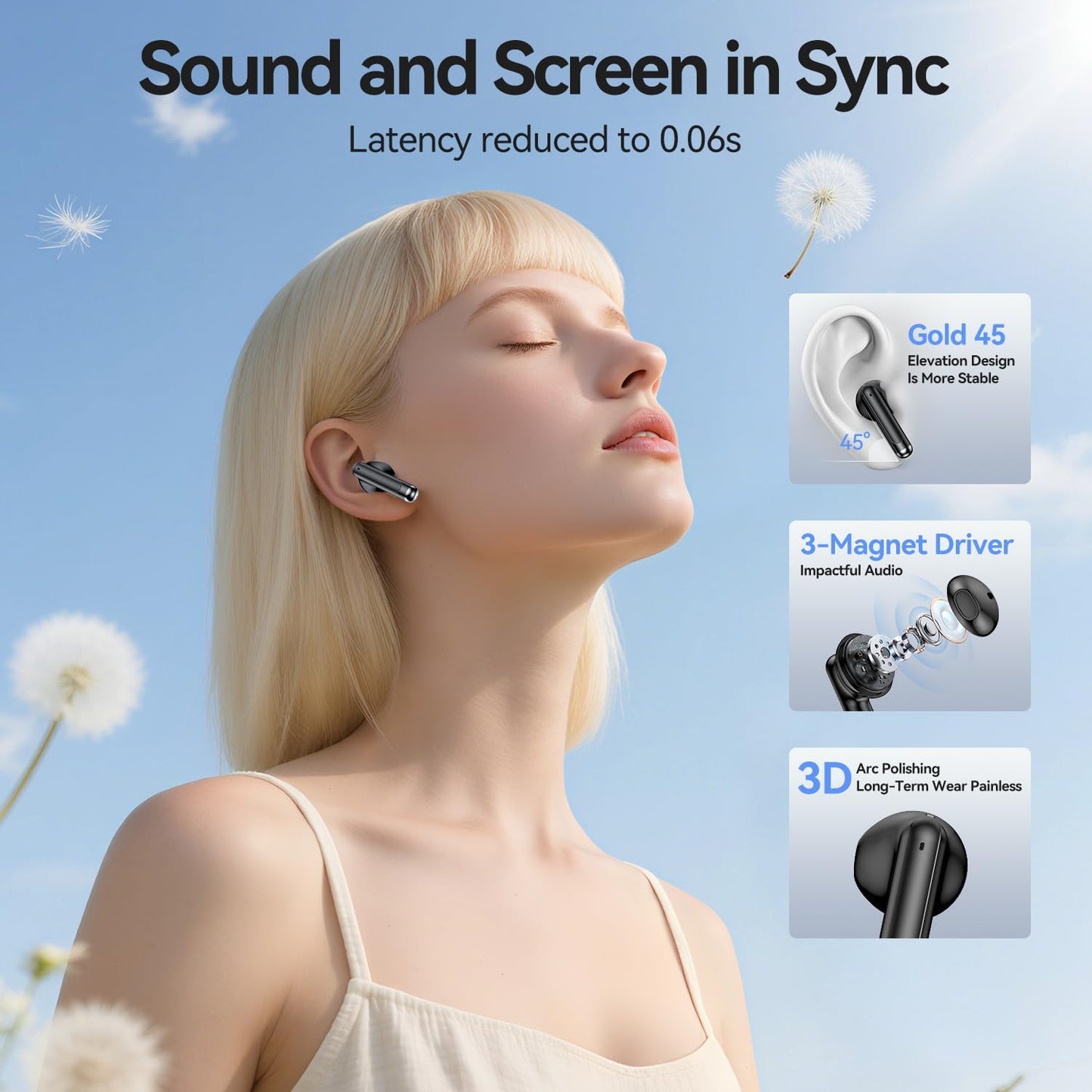 Wireless Earbuds, 2025 Bluetooth 5.3 Headphones HiFi Stereo 50H Playback Ear Buds with Led Digital Display, ENC Noise Cancelling Earbuds for Laptop Computer, iOS, Android, Black
