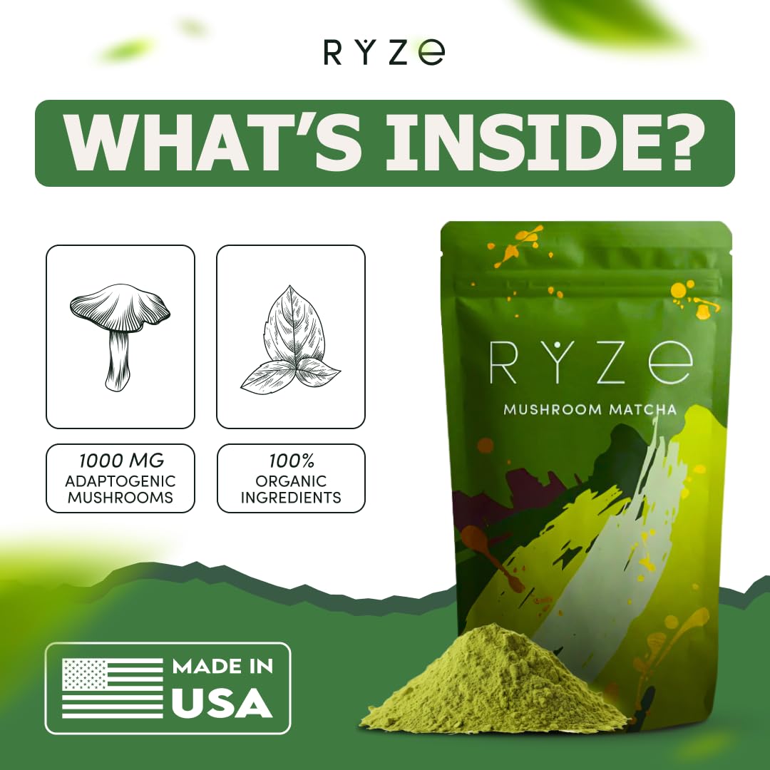 RYZE SUPERFOODS Mushroom Matcha, USDA Organic with 6 Adaptogenic Mushrooms and Ceremonial-Grade Matcha for Energy, Focus, Digestion, Immunity with Turkey Tail, Shiitake, Lion's Mane, 30 servings