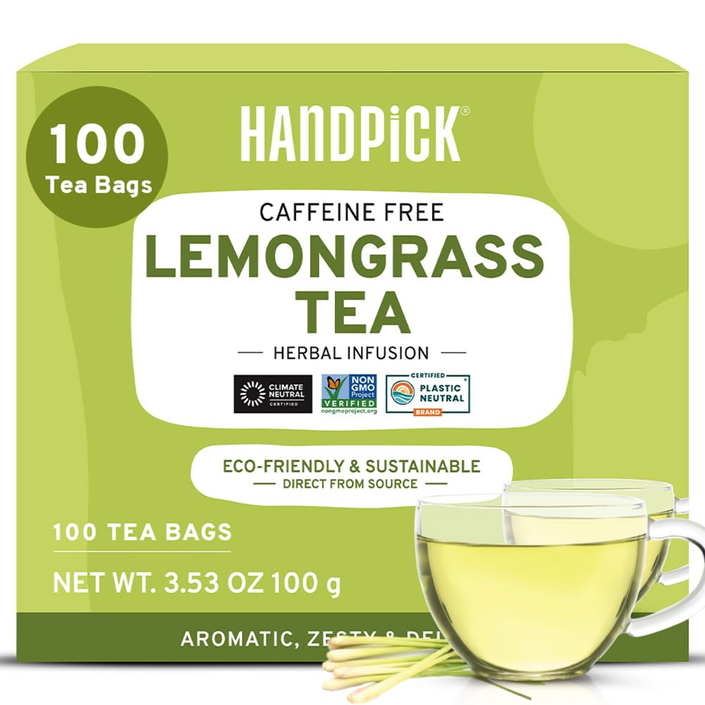 HANDPICK, Lemongrass Tea Bags (100 Count) Non-GMO, Caffeine Free - Quality Lemongrass Herbal Tea- Eco-conscious Round Tea Bags | Brew Hot or Iced Tea