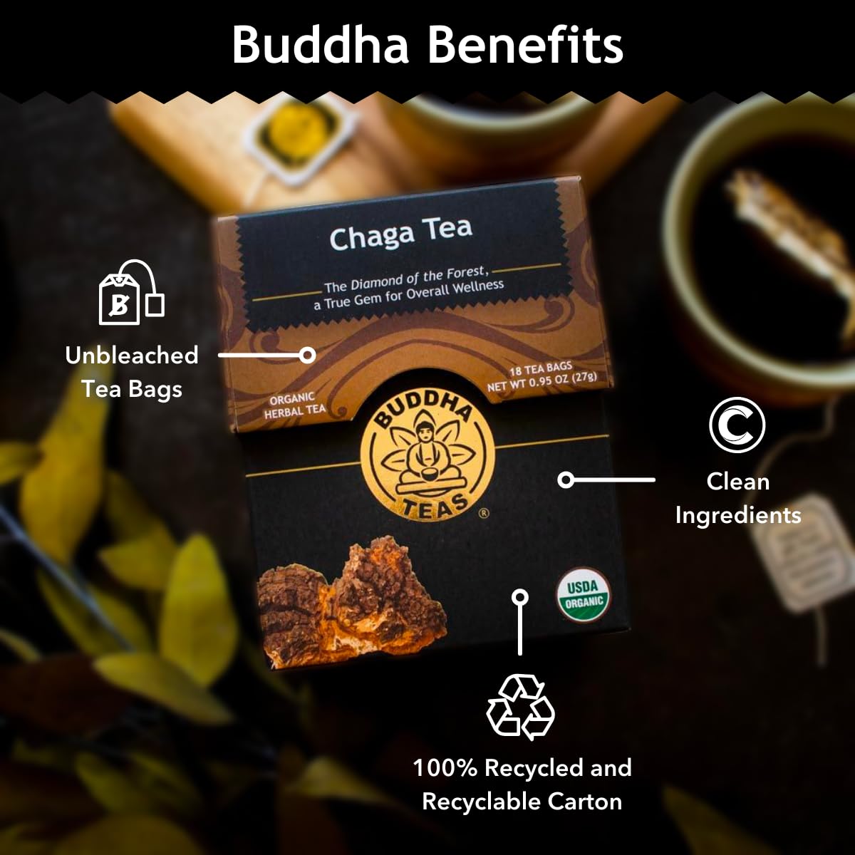 Buddha Teas - Chaga Tea - Organic Herbal Tea - For Cognitive Balance & Overall Health - With Chaga Mushroom, Antioxidants & B Vitamins - Caffeine Free - OU Kosher - 18 Tea Bags (Pack of 1)
