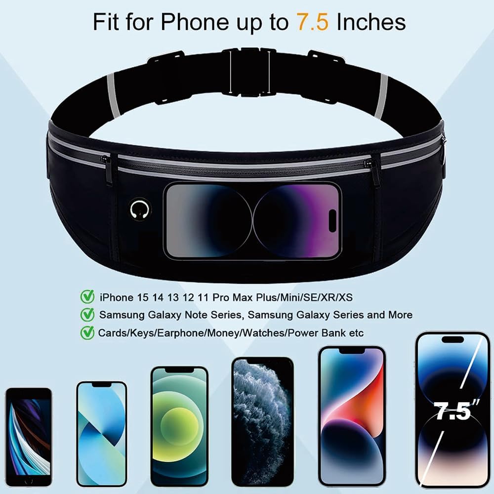 Running Belt for Women & Men - Slim Phone running belt with Water-Resistant Phone Holder, 3 pockets Adjustable Waist Strap, Reflective Safety Design for Running, Hiking, Travel，Fitness(Black)