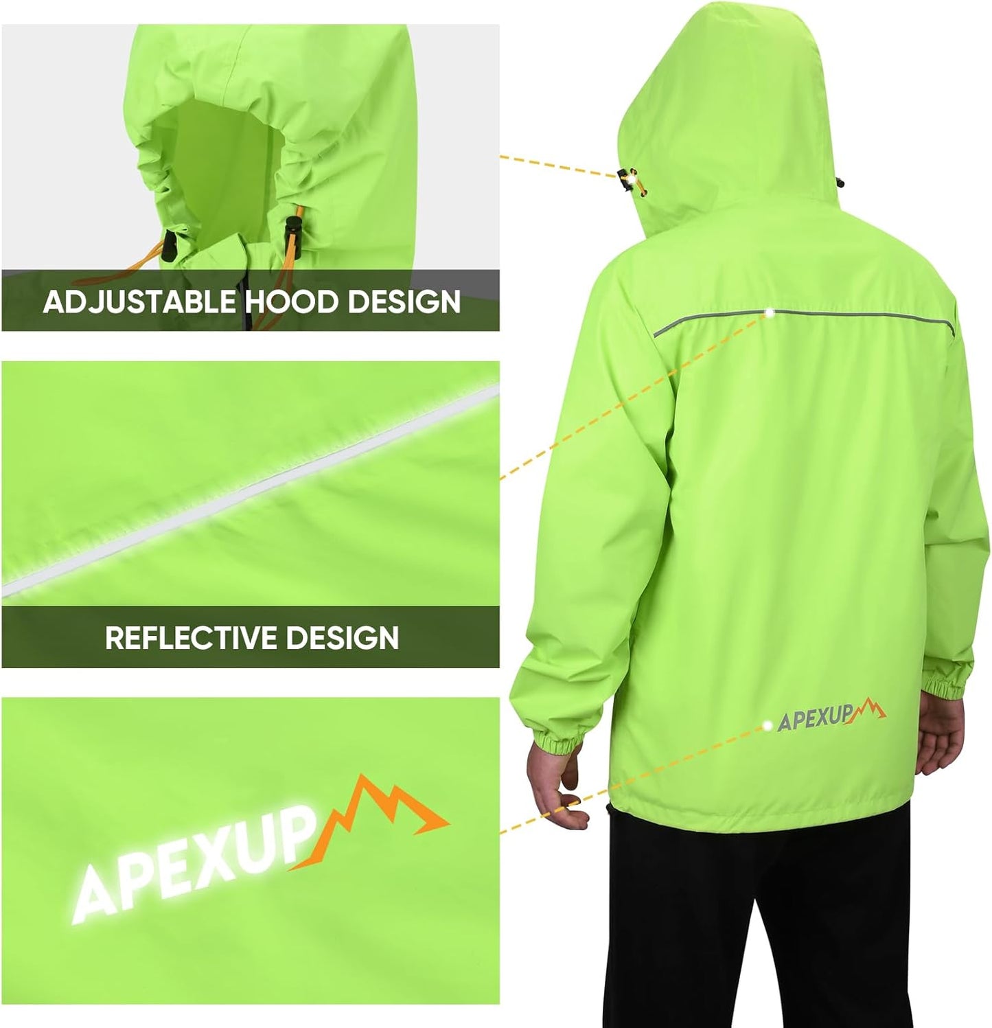 APEXUP Packable Rain Jacket Men with Reflective Zipper, Lightweight Waterproof Raincoat, Mens Rain Jacket for Outdoor Sports