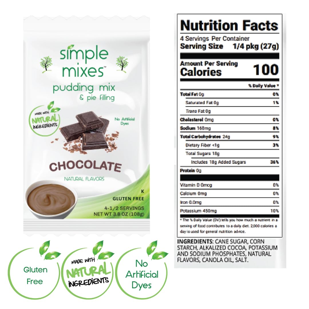 Simple Mixes Natural Instant Pudding & Pie Filling Mix, Healthy Snack, Chocolate, Gluten and Dye-Free, No Fat, or Lactose, Kosher, 6 Pack