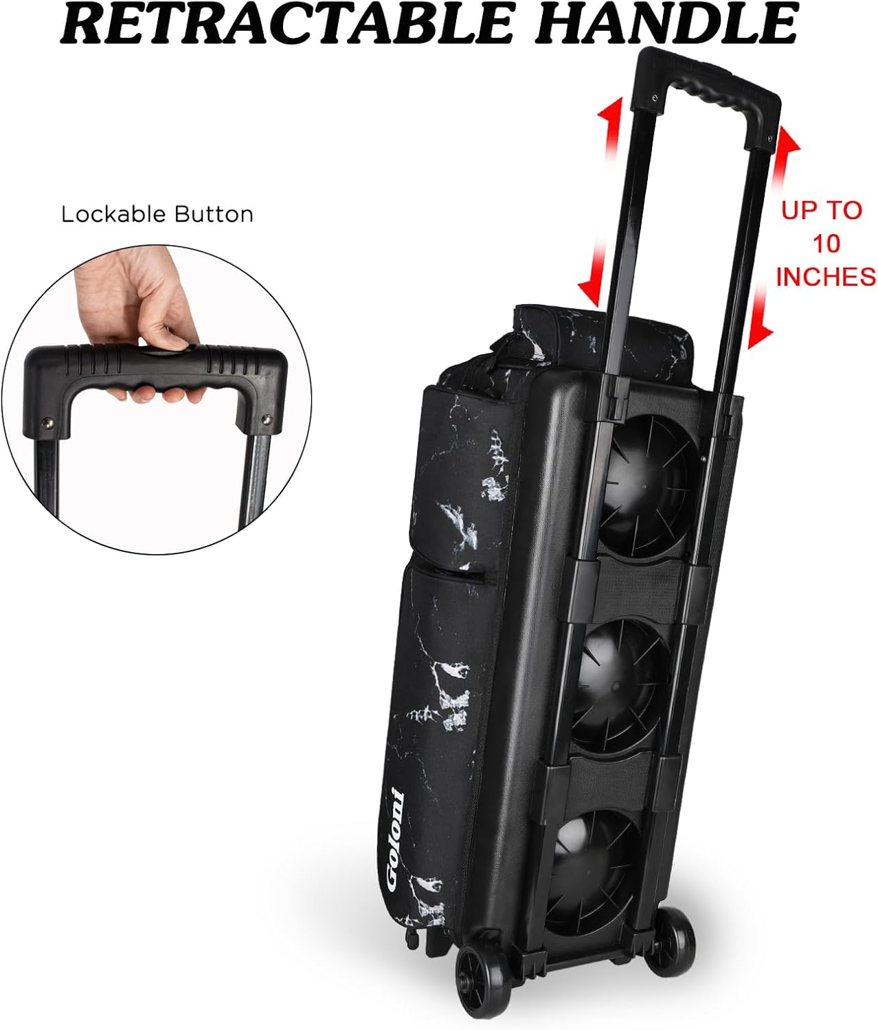 Goloni 3 Ball Bowling Bags with Wheels - Rolling Bowling Bag for 3 Balls & Accessories - Retractable Handle Extends to 38
