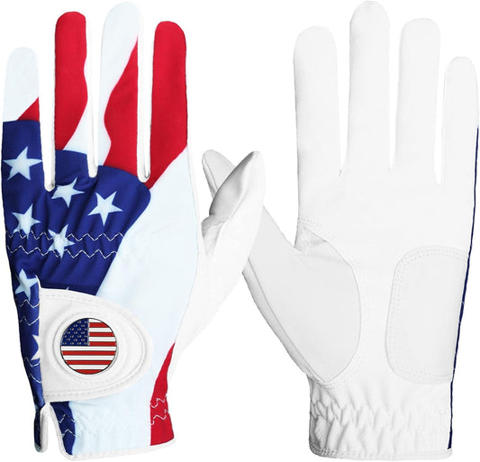 FINGER TEN Golf Gloves Men Left Hand Right with Ball Marker USA Flag Blue Camo Plaid Pack, Mens Leather Golf Glove All Weather Grip Small Medium ML Large XL