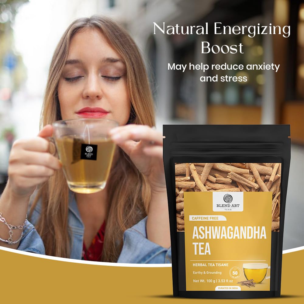 BlendArt Teas - Ashwagandha Root TeaBags - 50 Count - Pyramid Tea Bag |Ancient Adaptogen Superfood for Men and Women | Helps in Relive Stress | Promote Cleansing & Wellness | Caffeine Free | Ziplock Pouch