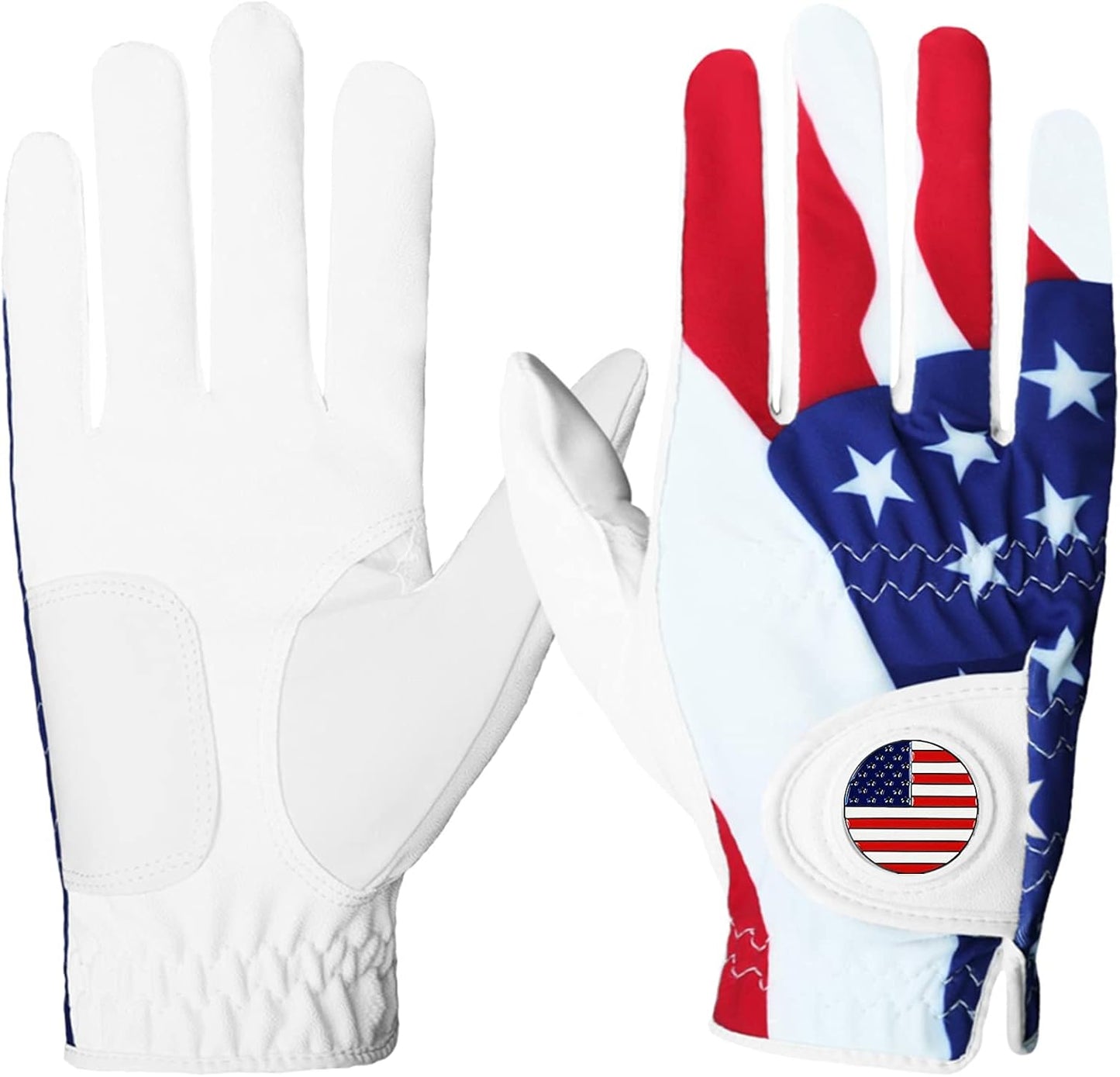 FINGER TEN Golf Gloves Men Left Hand Right with Ball Marker USA Flag Blue Camo Plaid Pack, Mens Leather Golf Glove All Weather Grip Small Medium ML Large XL