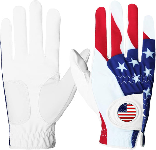 FINGER TEN Golf Gloves Men Left Hand Right with Ball Marker USA Flag Blue Camo Plaid Pack, Mens Leather Golf Glove All Weather Grip Small Medium ML Large XL